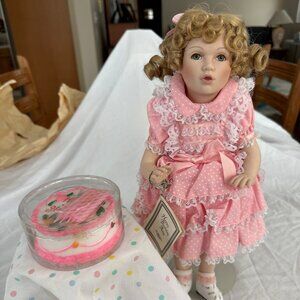 Happy Birthday Amy Porcelain Doll with cake, Stand & Tablecloth by Gorham